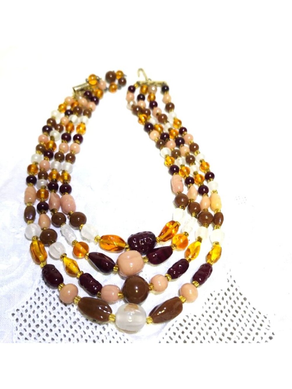 Vintage Multi-Strand Amber Burgundy Cream Beaded Necklace Statement Jewelry - Picture 4 of 9